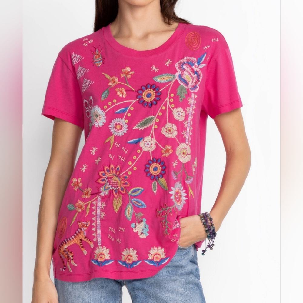 Johnny Was Fuchsia Floral Embroidered Tee